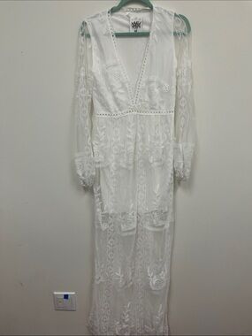 New with tags Wicked AF White Sheer Dress with Embroidered Trim Size M